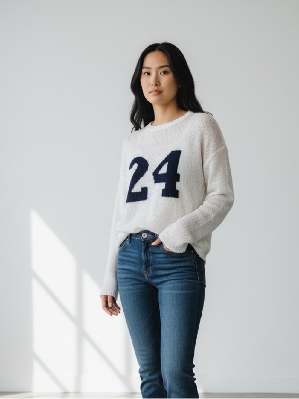Wooden Ships White Crewneck Mohair Sweater Custom Number 24 Navy White M/L